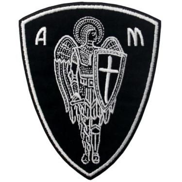 Imagem de Patch de proteção cristã Arcanjo São Miguel com espada e escudo bordado aplique de ferro na costura no emblema