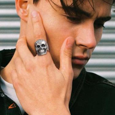 Imagem de Anel masculino com caveira de aço inoxidável com nó celta viking, banhado a ouro/prata/preto, joia gótica, tamanho 7-14, 13, Aço inoxidável, Sem pedra preciosa