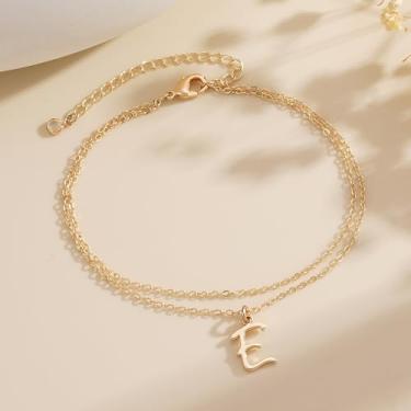 Imagem de Tornozeleiras banhadas a ouro 14K para mulheres - tornozeleira de aço inoxidável A-Z com pingente de símbolo inicial de A-Z, hipoalergênica, impermeável, aniversário, Natal, mãe, avó, 7, Latão, Sem