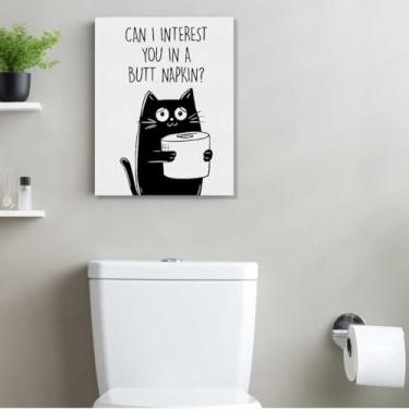 Imagem de Arte de parede em tela de banheiro de gato engraçado, pinturas de arte emolduradas de gato travesso, decoração de parede, cena da natureza, desenhos de amantes de gatos, imagem para sala de estar