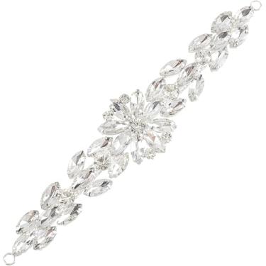 Imagem de Acabamento com aplique de strass de vidro de folha de flor (platina, 18,3 cm) brilhante com enfeite de corrente de cristal de olho de cavalo com orifício para joias, corrente de strass para colarinho