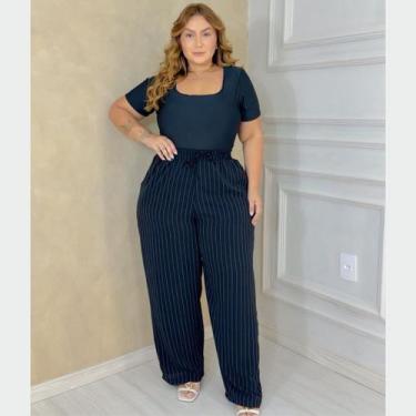 Imagem de Calça Pantalona Feminina Plus Size Crepe Duna Listras Laterais Esporti