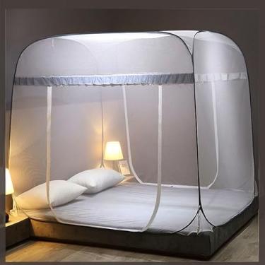 Imagem de Rede de Mosquiteiro Yurt Dupla para Cama – Proteção Anti-Mosquito, Sem Instalação, Fibra de Poliéster com Suporte de Aço Inoxidável(1.8米寬*2.0米長【全底防摔】,單門【海霧灰條】方頂加大)