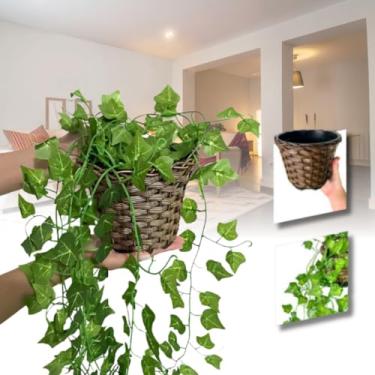 Imagem de Arranjo com 3 Plantas Artificiais Penduradas + Vaso Trançado Marrom Cappuccino | Decoração de Casa, Casamento, Sala, Cozinha e Escritório – Folhagem de Hera Realista 1,85m(Vaso G)