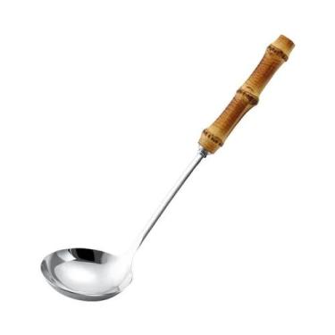 Imagem de Colher Coador de Aço Inoxidável com Alça de Bambu - Para Sopa e Macarr