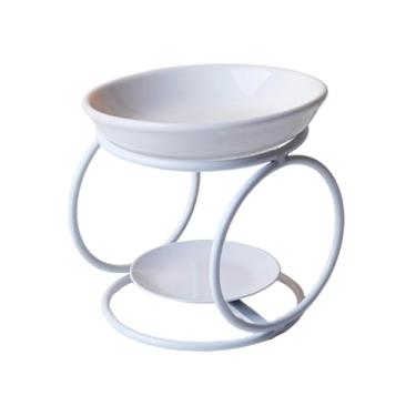Imagem de FLCPJGV Queimador de óleo de cerâmica com estrutura metálica, queimador de cera perfumada, aquecedor de óleo para quarto e sala de estar, Branco
