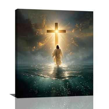 Imagem de Jesus Wall Art Christian Jesus Walking on Water Pictures Wall Decor Christ Cross Pictures Canvas Religious Painting Print Framed Artwork Decorações Presentes para Sala de Estar Quarto Sala de Oração