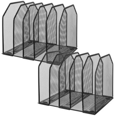 Imagem de mekueeex Organizador vertical de arquivos de 2 peças para mesa – suporte de malha de metal com 5 compartimentos, suporte de pasta de arquivos e suporte de armazenamento de documentos – 23,6 cm x 21,6