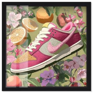 Imagem de Tênis Lost Floral and Fruits Shadowbox Print Pink Fashion Art por Art Remedy, moldura preta, 50 x 50 cm