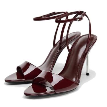 Imagem de Sandálias de salto agulha para mulheres, bico fino, bico aberto, salto alto, tira no tornozelo, sandálias de salto sexy para festa e casamento, sapatos de salto alto, Vinho tinto, 35