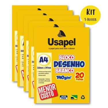 Imagem de Bloco de Desenho A4 Kit 5 Blocos 20 folhas Gramatura 140g Branco Ideal