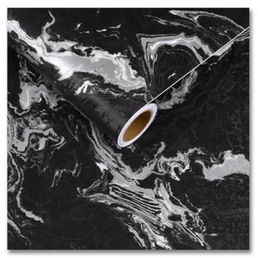 Imagem de CRE8TIVE Papel de contato de mármore preto líquido prateado papel de parede de mármore para armário de banheiro papel de contato adesivo à prova d'água para bancada, gavetas de parede, sala de estar