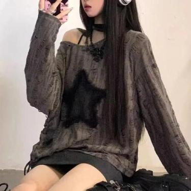 Imagem de Camiseta Feminina Oversized Y2K Estampada - Manga Comprida, Ombro De F