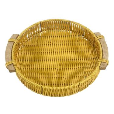 Imagem de Bandeja Trama Tipo Vime Artificial Redonda Alça De Madeira