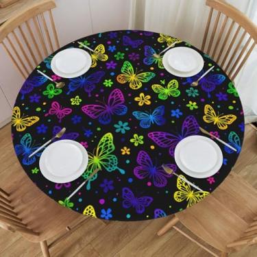 Imagem de KiuLoam Toalha de mesa redonda floral borboleta neon com borda elástica lavável toalha de mesa para decoração de cozinha patrulha ao ar livre serve para 101,6 cm - 111,8 cm, pequena