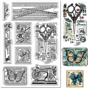 Imagem de CRASPIRE Carimbos de borracha transparente para máquina de costura vintage, reutilizável, retrô, fita métrica, borboleta, transparente, selos de carimbo de silicone para fazer cartões, decoração faça