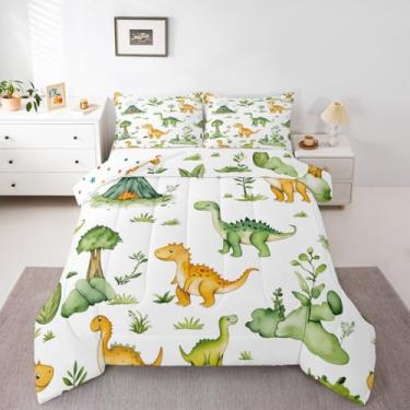 Imagem de Feelyou Conjunto de edredom com desenho animado de dinossauro, selva, para todas as estações, com 1 fronha, microfibra de animal selvagem, roupa de cama de solteiro, para decoração de quarto, edredom