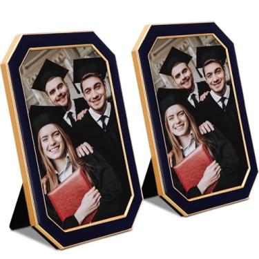 Imagem de Gerrii 2 porta-retratos esmaltados com octógono de vidro temperado com borda de metal e parte traseira de veludo para exibição de mesa e parede para galeria de escritório familiar (12,7 x 18 cm, azul