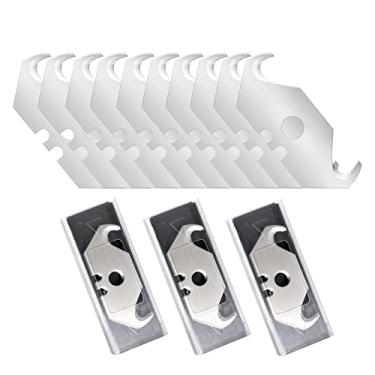 Imagem de Vickay Pacote com 30 lâminas de gancho de faca utilitária, lâminas de substituição de cortador de caixa de aço resistente SK5 com caixa de plástico, lâminas de barbear de tamanho padrão para a maioria