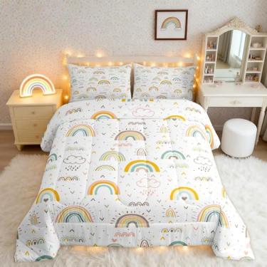 Imagem de Homewish Conjunto de edredom boêmio, arco-íris, tamanho casal, desenho colorido, estampa de nuvem, 3 peças, para decoração de quarto de meninas, meninos, adultos, conjunto de edredom feminino sonhador