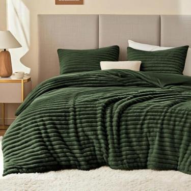 Imagem de EXQ Home Conjunto de edredom Queen fofo – Conjunto de cama de lã de lã verde oliva super macio, 3 peças, conjunto de cama quente de inverno, 1 edredom com 2 fronhas