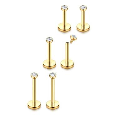 Imagem de ORAZIO Brincos de ouro 14 K, 16G/18G, aço cirúrgico 316L, zircônia cúbica, hipoalergênico, cartilagem, hélice, tragus, piercing labial, labret, medusa, nariz para mulheres e homens, 16G-Set(6/8/10mm