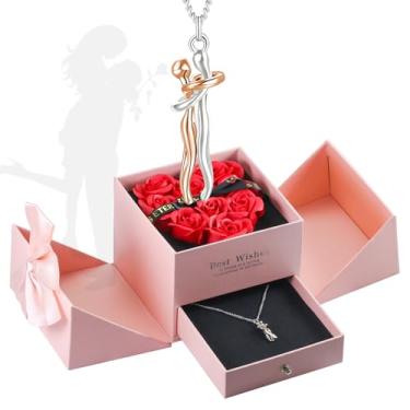 Imagem de JUN-ELECTRON Presentes para ele, namorado, namorada, rosas reais preservadas com colar de abraço de casal, presente de aniversário de casamento para mulheres, Dia dos Namorados romântico para mãe