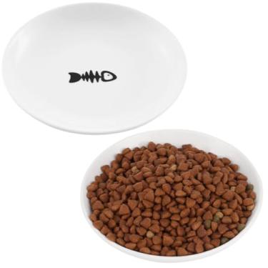 Imagem de Pratos de alimentação de cerâmica para gatos de 15 cm/15 cm, tigelas de comida úmida e seca, 2 peças de pratos largos e rasos para gatos com design fofo de espinha de peixe para gatinhos, gatos