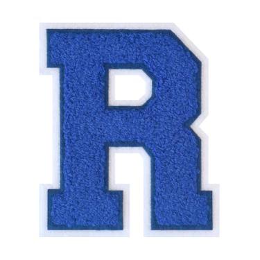 Imagem de 1 peça de patch de letra de chenille azul de 11,4 cm com borda branca – adesivos do alfabeto para roupas, jaquetas, mochilas, chapéus para decoração personalizada, nome personalizado e artesanato. (R)