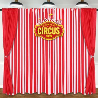 Imagem de 5 peças de cortinas de cenário de circo de carnaval com cartões, decorações de festa, cortinas de fundo listradas vermelhas e brancas com recortes de circo para fundo de fotografia de festa de