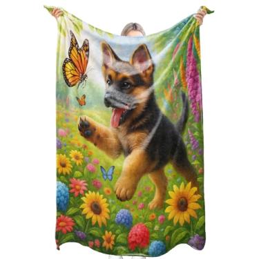 Imagem de zbezbe Lindo cobertor de flanela de filhote de pastor alemão com borboleta e campo de flores coloridas, leve e macio para cadeira, sofá, acampamento, viagem, decoração de fazenda, presentes para