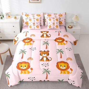 Imagem de Feelyou Conjunto de edredom solteiro de animais de zoológico rosa, 7 peças, safári, leão, tigre, coqueiro, em uma bolsa com edredom, lençóis, fronhas, capas de almofada