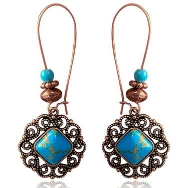 Imagem de unixmoment Brincos femininos boêmios retrô de cobre com flor oca turquesa com pingente tribal vintage quadrado floral com miçanga, Large, Cobre, Sem pedra preciosa