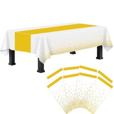 Imagem de Toalha de mesa retangular de plástico, 8 unidades de toalha de mesa descartável branca e dourada, capa de plástico retangular para aniversários, férias, casamento, noivado, aniversário, 137 x 272 cm