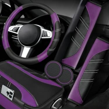 Imagem de NBTEPEM Conjunto de 6 peças de acessórios de carro roxos, capa de volante de couro esportivo universal de 36,8 a 38 cm, capa de console central de couro, almofada de cinto de segurança, porta-copos