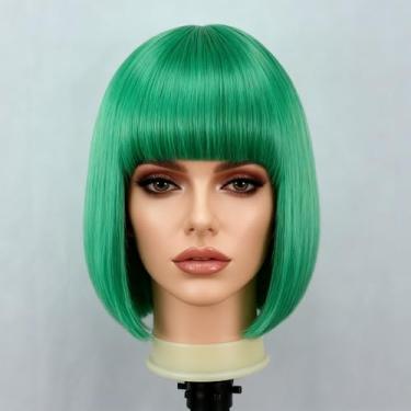 Imagem de Cetiq Perucas de cabelo curto 30,5 cm liso com franja lisa sintética colorida cosplay peruca de festa diária para mulheres cabelo natural como real (verde, 30,5 cm)