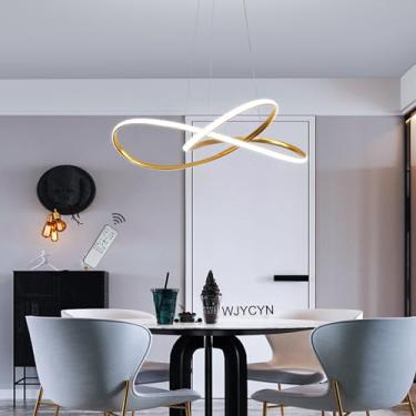 Imagem de Luminária de mesa de jantar regulável com 3 anéis de LED dourado, design moderno para sala de jantar e sala de estar, Ø60cm 58W com controle remoto, lustre de mesa de jantar com altura ajust