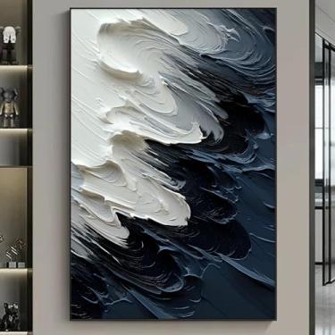 Imagem de Pintura abstrata preto e branco azul escuro arte de parede minimalista impressões abstratas ondas arte de parede azul escuro e branco textura contemporânea imagens decoração sala de estar 40 x 61 cm