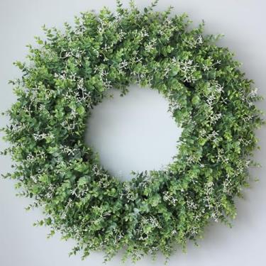 Imagem de Guirlanda de eucalipto de 81 cm para porta da frente - Grandes folhas artificiais de eucalipto com sementes brancas, guirlanda de vegetação ao ar livre para varanda, janela, casa de fazenda, casa