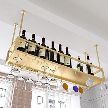 Imagem de Rack de vinho, suporte de vinho pendurado no teto rack de exibição de garrafa de vinho de metal dourado com prateleira de armazenamento de copos de taças | para barra de cozinha embaixo do armário