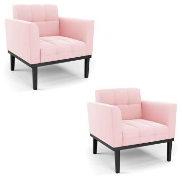 Imagem de Poltrona Base De Madeira Fixa Preto Kit 2 Elisa Suede Rosa Bebê D03 - D'rossi
