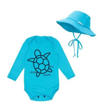 Imagem de Kit Body Bebê Roupa Praia + Chapéu Proteção Solar Uv Baby - Fofotinhos