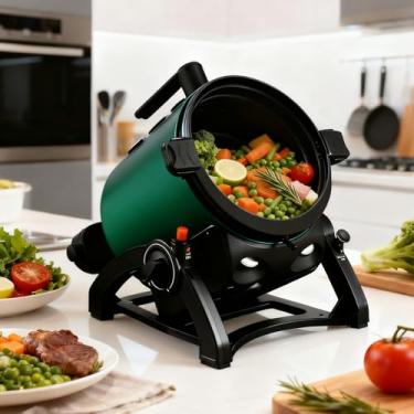 Imagem de HIYOUGO Máquina automática de fritar, panela rotativa de 360°, máquina de cozinhar ao ar livre multifuncional com conversor para casa, acampamento, viagem, cozinha (verde, 13,4 × 12,2 × 25,9 cm)