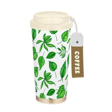 Imagem de SEHANY Caneca de viagem Green Leaves de 482 ml Copos de café reutilizáveis revestidos de cerâmica com tampa à prova de vazamento, parede dupla, isolamento a vácuo, copo de café de aço inoxidável para
