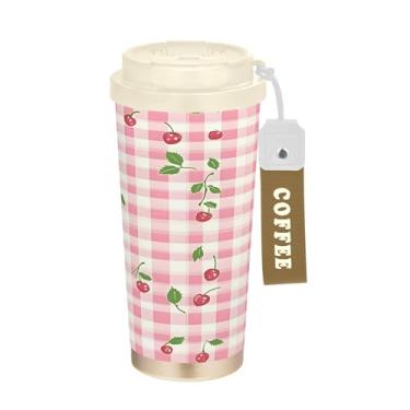 Imagem de SEHANY Caneca de viagem de cereja fofa de 482 g Copos de café reutilizáveis revestidos de cerâmica com tampa à prova de vazamento, parede dupla, isolamento a vácuo, copo de café de aço inoxidável para