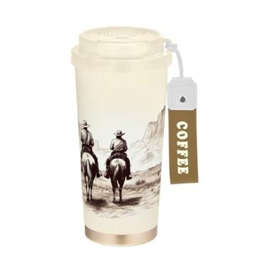 Imagem de SEHANY Caneca de viagem vintage caubói ocidental 482 g xícaras de café reutilizáveis revestidas de cerâmica com tampa à prova de vazamento, parede dupla, isolamento a vácuo, copo de café de aço