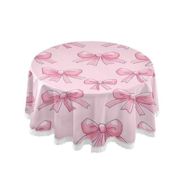 Imagem de SEHANY Toalha de mesa redonda com laço rosa de 152 cm, tecido lavável sem rugas, toalha de mesa decorativa de renda para restaurante, casamento, acampamento, festa de cinco de maio