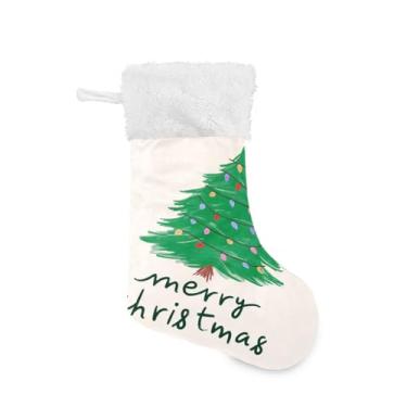 Imagem de ATTX 1 pacote com luzes coloridas para árvore de Natal meias de Natal com punho de pelúcia branco - Decoração de Natal para presentes, meia de 43 cm (542)