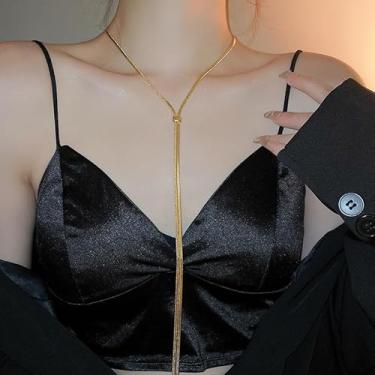 Imagem de Colar longo de ouro Lariat para mulheres, colares delicados de ouro, corrente de cobra banhada a ouro 14 k, pingente simples, joias modernas, presentes femininos, Medium, Cobre, Sem Pedra Preciosa