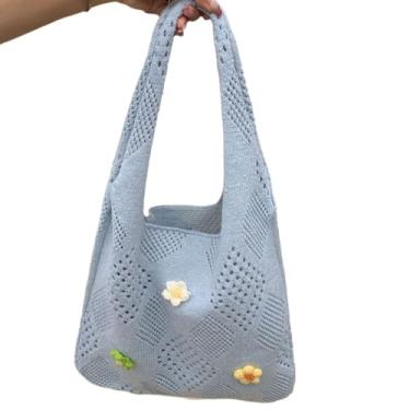Imagem de Bolsa casual de crochê, macia, elegante, decoração de flores, bolsa de praia, conveniente armazenamento de artigos diversos vazados (azul claro)